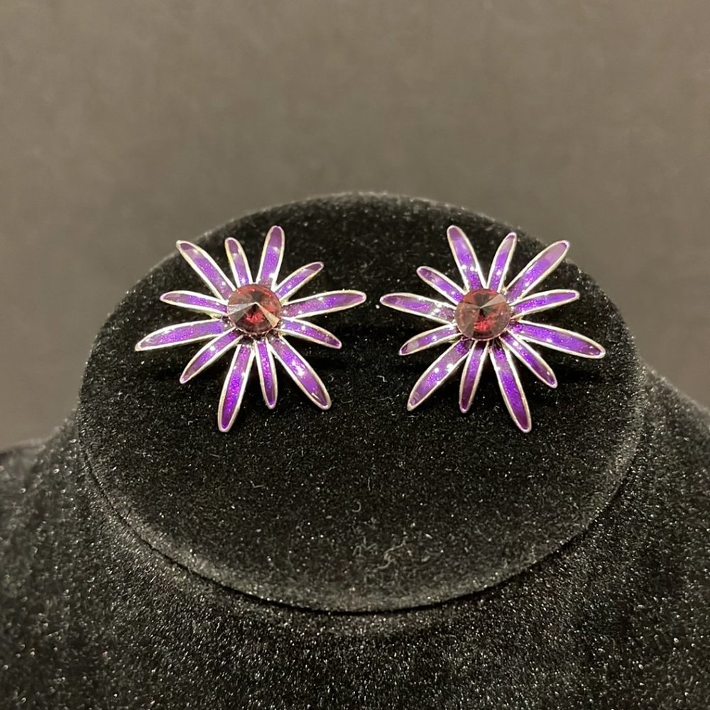 Purple Floral Earrings with Ruby Center - Picture 1 of 3